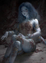 Rule 34 | 1girl, blood, blood on leg, blue hair, blue skin, colored skin, completely nude, cracked skin, crossed legs, elden ring, extra arms, highres, looking at viewer, nude, one eye closed, own hands together, ranni the witch, ruanjia, sitting, smile, solo, spoilers