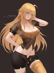 Rule 34 | 1girl, ahoge, arm up, artist name, aztodio, belt, belt buckle, black shorts, blonde hair, blush, breasts, brown jacket, brown skirt, buckle, cleavage, closed eyes, closed mouth, collarbone, cowboy shot, crop top, groin, hand on own hip, highres, jacket, large breasts, long hair, midriff, navel, open belt, open clothes, open fly, open jacket, purple eyes, rwby, seductive smile, short sleeves, shorts, simple background, skirt, smile, solo, thighhighs, unbuckled, unbuttoned, very long hair, yang xiao long, yellow thighhighs