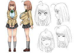 Rule 34 | 1girl, ahoge, black skirt, blazer, blush, bow, bowtie, breasts, brown eyes, brown hair, character sheet, closed eyes, expressions, huge breasts, jacket, komusou (jinrikisha), laughing, loafers, long hair, looking at viewer, matching hair/eyes, multiple views, ooba minori, open mouth, original, pleated skirt, pocket, profile, school uniform, shoes, short hair, simple background, skirt, smile, socks, tears, v arms, white background