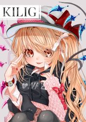 Rule 34 | 1girl, alternate costume, alternate headwear, artist name, bad id, bad pixiv id, black hoodie, black legwear, blonde hair, bow, clothes writing, commentary request, contemporary, fang, fedora, flandre scarlet, gotou (nekocat), grey background, hair ribbon, hat, hat bow, highres, hood, hoodie, long sleeves, looking at viewer, nail polish, pointy ears, red bow, red eyes, red nails, red ribbon, ribbon, side ponytail, signature, simple background, solo, star (symbol), tongue, tongue out, touhou, upper body, watch, white ribbon, wings, wristwatch