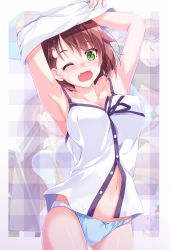 Rule 34 | 1girl, ;d, armpits, arms up, between breasts, blue panties, blush, bouncing breasts, breasts, brown hair, camisole, cleavage, clothes lift, collarbone, copyright request, cowboy shot, closed eyes, fang, gluteal fold, green eyes, hair ornament, hairclip, head tilt, highres, large breasts, lifted by self, looking at viewer, multiple views, navel, necktie, necktie between breasts, no pants, one eye closed, open mouth, panties, purple ribbon, ribbon, shirt, shirt lift, short hair, sleeping, smile, standing, sweatdrop, tareme, underwear, undressing, uzuki hiro, white shirt, yellow neckwear