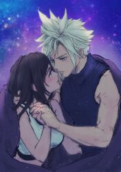 Rule 34 | bare arms, bare shoulders, black hair, blanket, blonde hair, blue eyes, blush, breasts, cloud strife, couple, crop top, earrings, eye contact, final fantasy, final fantasy vii, final fantasy vii remake, height difference, hetero, highres, holding hands, jewelry, long hair, looking at another, medium breasts, night, night sky, ninnin5tora, outdoors, red eyes, shared blanket, single earring, sky, sleeveless, sleeveless turtleneck, spiked hair, square enix, star (sky), starry sky, stud earrings, sweater, swept bangs, tank top, tifa lockhart, turtleneck, turtleneck sweater, upper body, white tank top