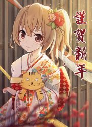 Rule 34 | 1girl, absurdres, aisaka taiga, anger vein, artist request, blurry, blurry foreground, brown eyes, brown hair, closed mouth, commentary request, crossed bangs, floral print, flower, hair flower, hair ornament, highres, japanese clothes, kimono, long hair, looking at viewer, palmtop tiger, ponytail, smile, toradora!, translation request, upper body, yukata