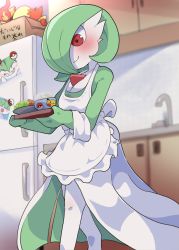 Rule 34 | 1girl, @ @, apron, bare shoulders, blurry, blurry background, blush, bob cut, bowl, braixen, breasts, cleavage, closed mouth, clothed pokemon, collarbone, colored skin, creatures (company), cupboard, dagashi (daga2626), day, faucet, female focus, food, frilled apron, frills, game freak, gardevoir, gen 1 pokemon, gen 3 pokemon, gen 6 pokemon, green hair, green skin, hair over one eye, happy, highres, holding, holding food, holding tray, indoors, kirlia, multicolored skin, napkin, nintendo, one eye covered, photo (object), pikachu, plate, poke ball symbol, poke ball theme, pokemon, pokemon (creature), ralts, red eyes, refrigerator, rice, short hair, sideways mouth, small breasts, smile, solo, standing, tray, two-tone skin, walking, white apron, white skin