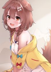 Rule 34 | 1girl, absurdres, animal ears, blush, bone hair ornament, bow, braid, breasts, brown eyes, brown hair, commentary request, dog ears, dog girl, dog tail, dress, fangs, hair between eyes, hair ornament, haru (re ilust), highres, hololive, inugami korone, inugami korone (1st costume), jacket, long hair, looking at viewer, medium breasts, off shoulder, open mouth, sleeveless, smile, solo, tail, twin braids, virtual youtuber, white dress, yellow jacket
