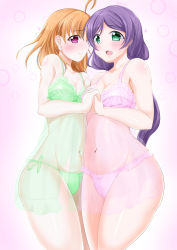Rule 34 | 2girls, :d, absurdres, ahoge, aqua eyes, asakawa-san (8107ka), bare shoulders, blush, bra, breasts, cleavage, collarbone, commentary request, cowboy shot, green bra, green panties, groin, highres, in-franchise crossover, interlocked fingers, large breasts, lingerie, long hair, looking at viewer, love live!, love live! school idol project, love live! sunshine!!, low twintails, medium breasts, midriff, multiple girls, navel, open mouth, orange hair, panties, parted bangs, pink background, pink bra, pink panties, purple eyes, purple hair, short hair, side-tie panties, sidelocks, smile, standing, swept bangs, takami chika, tojo nozomi, twintails, twitter username, underwear