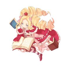Rule 34 | 1girl, beatrice (re:zero), blonde hair, blue eyes, book, bow, butterfly-shaped pupils, crown, dress, dress bow, drill hair, full body, hair ribbon, highres, long hair, mini crown, open book, pantyhose, pink bow, pink dress, pink ribbon, re:zero kara hajimeru isekai seikatsu, red footwear, ribbon, shiro (a923808254), simple background, solo, striped clothes, striped legwear, striped pantyhose, symbol-shaped pupils, very long hair, white background