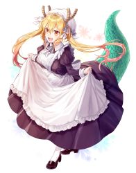 Rule 34 | 10s, 1girl, apron, black dress, black footwear, blonde hair, breasts, curtsey, dragon girl, dragon horns, dragon tail, dress, floral background, frills, full body, gradient hair, hat, highres, horns, juliet sleeves, kobayashi-san chi no maidragon, large breasts, large tail, long hair, long sleeves, looking at viewer, maid, maid apron, maid headdress, mob cap, multicolored hair, neck ribbon, open mouth, pantyhose, puffy sleeves, ribbon, shoes, sidelocks, simple background, slit pupils, solo, standing, tail, tohru (maidragon), twintails, victorian maid, white apron, white background, white pantyhose, white ribbon, yuya (night lily)