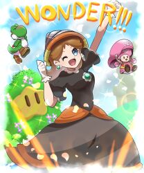 Rule 34 | 1girl, absurdres, black dress, blue eyes, blue sky, blush, breasts, brown hair, crown, dinosaur, dress, drill, drill daisy, earrings, floating, flower earrings, gloves, grin, hand up, hat, highres, hill, jewelry, jumping, looking at viewer, mario (series), medium breasts, nintendo, one eye closed, open mouth, power-up, princess daisy, saon101, sky, smile, super mario bros. wonder, tail, toadette, tomboy, tree, wink, yoshi
