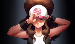 Rule 34 | 1girl, baseball cap, blue eyes, brown hair, closed mouth, creatures (company), game freak, hat, highres, hilda (pokemon), long hair, looking at viewer, nintendo, pokemon, pokemon bw, ponytail, simple background, solo, turiganesou800, vest, wristband