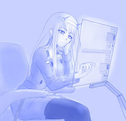 Rule 34 | 10s, 1girl, 4chan, armchair, blue background, blue theme, bored, chair, closed mouth, commentary request, darling in the franxx, hairband, hand up, head rest, highres, holographic interface, horns, imageboard, jacket, long hair, long sleeves, monochrome, pantyhose, reading, simple background, sitting, solo, viperxtr, zero two (darling in the franxx)