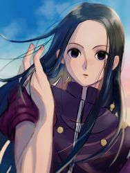 Rule 34 | 1boy, black hair, expressionless, hand up, highres, hunter x hunter, illumi zoldyck, long hair, male focus, no bangs, outdoors, parted lips, purple eyes, short sleeves, solo, thicopoyo, trap