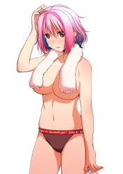 Rule 34 | 1girl, blue hair, breasts, commentary, convenient censoring, highres, idolmaster, idolmaster cinderella girls, large breasts, multicolored hair, navel, no bra, panties, pink hair, red eyes, sakaki imasato, short hair, simple background, solo, topless, towel, towel around neck, towel over breasts, two-tone hair, underwear, wet, wet hair, white background, yumemi riamu