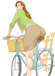 Rule 34 | 1girl, absurdres, ass, basket, bicycle, blouse, brown hair, clenched teeth, from behind, groceries, highres, jacket, liu mei-xing, long hair, looking back, mature female, nappii (nappy happy), original, plump, shirt, simple background, skirt, sleeves pushed up, sleeves rolled up, solo, surprised, sweatdrop, teeth, thick thighs, thighs, white background, wristband