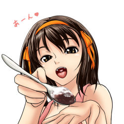 Rule 34 | 00s, 1girl, bare shoulders, black hair, brown eyes, brown hair, curry, feeding, food, heart, heart in mouth, holding, holding spoon, incoming food, open mouth, osuzu akiomi, pov, pov feeding, ribbon, solo, spoon, suzumiya haruhi, suzumiya haruhi no yuuutsu, yellow eyes