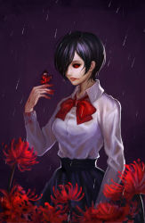 Rule 34 | 10s, 1girl, black sclera, blood, blood from mouth, blood on hands, bug, butterfly, butterfly on hand, collared shirt, colored sclera, flower, bug, kirishima touka, neck ribbon, purple hair, rain, red eyes, ribbon, saikac, shirt, short hair, skirt, solo, tokyo ghoul
