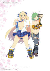 Rule 34 | 2girls, belt, blonde hair, blouse, blue necktie, blush, breasts, cleavage, collarbone, concept art, denim, earrings, finger to mouth, fingernails, floating, floating object, flower, from behind, full body, gluteal fold, green eyes, highres, hikage (senran kagura), jeans, jewelry, katsuragi (senran kagura), knife, large breasts, leg up, long hair, looking at viewer, looking back, midriff, multiple girls, navel, necktie, official art, open belt, open clothes, open mouth, open shirt, page number, pants, petals, scan, senran kagura, shiny skin, shirt, shoes, short hair, simple background, skirt, solo, tattoo, thighs, torn clothes, torn pants, weapon, white background, white shirt, yaegashi nan, yellow eyes