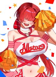 Rule 34 | 1girl, alternate costume, blush, breasts, cheerleader, cleavage, confetti, dan koflove, hair over eyes, hand up, highres, large breasts, logo, looking at viewer, pom pom (cheerleading), shermie (kof), smile, snk, solo, the king of fighters, the king of fighters all-stars