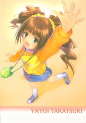 Rule 34 | 00s, 1girl, absurdres, bag, brown hair, child, foreshortening, from above, goto p, green eyes, handbag, highres, idolmaster, idolmaster (classic), idolmaster 1, looking up, open mouth, outstretched arm, outstretched hand, raglan sleeves, reaching, skirt, smile, socks, solo, takatsuki yayoi, twintails
