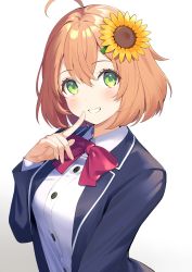 Rule 34 | 1girl, ahoge, black jacket, blazer, blush, bow, breasts, brown hair, collared shirt, commentary request, dress shirt, finger to mouth, flower, gradient background, green eyes, grey background, grin, hair between eyes, hair flower, hair ornament, hairclip, hand up, highres, honma himawari, jacket, long sleeves, looking at viewer, nijisanji, open clothes, open jacket, red bow, shirt, small breasts, smile, solo, sunflower, sunflower hair ornament, upper body, urata asao, virtual youtuber, white background, white shirt, yellow flower