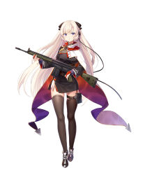 Rule 34 | 1girl, :o, battle rifle, black dress, blonde hair, blush, breasts, brown footwear, brown thighhighs, cape, commentary request, cross, dress, full body, g3 (girls&#039; frontline), girls&#039; frontline, gloves, gun, h&amp;k g3, hair between eyes, head tilt, headset, highres, holding, holding gun, holding weapon, iron cross, long hair, long sleeves, looking at viewer, medium breasts, mod3 (girls&#039; frontline), official alternate costume, official art, parted lips, partially fingerless gloves, philomelalilium, purple eyes, red gloves, rifle, shoes, simple background, skindentation, solo, standing, striped, thighhighs, vertical stripes, very long hair, weapon, white background, white cape