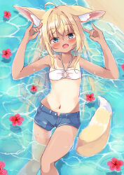 Rule 34 | 1girl, animal ear fluff, animal ears, blonde hair, blue eyes, blue shorts, blush, breasts, cat ears, cat girl, cat tail, commentary request, denim, denim shorts, fang, fox shadow puppet, halterneck, hands up, highres, long hair, looking at viewer, lying, manabe mana, navel, on back, one-piece tan, open fly, open mouth, original, partially submerged, short shorts, shorts, skin fang, small breasts, solo, tail, tan, tanline, water