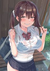Rule 34 | 1girl, :d, bag, bench, blue bra, bow, bowtie, bra, bra visible through clothes, breasts, brown eyes, brown hair, button gap, buttons, collared shirt, hair ornament, hair scrunchie, half-closed eyes, highres, large breasts, looking at viewer, naughty face, nuko (mikupantu), open mouth, original, outdoors, pleated skirt, rain, school uniform, scrunchie, see-through, serafuku, shirt, skirt, sleeves rolled up, smile, solo, teeth, twintails, underwear, wet, wet clothes, wet shirt