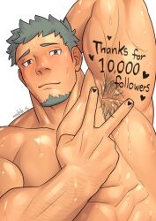 Rule 34 | 1boy, abs, arm up, armpit focus, armpits, bara, blush, come hither, facial hair, furrowed brow, goatee, grey hair, hand up, heart, large pectorals, looking at viewer, male focus, masa (mshk s), mature male, milestone celebration, muscular, muscular male, nude, original, pectoral press, pectorals, presenting armpit, short hair, sideburns, solo, sparse arm hair, spread armpit, sweat, thick eyebrows, upper body, v, very sweaty
