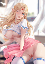 Rule 34 | 1girl, aqua eyes, blonde hair, blush, breasts, censored, chihunhentai, clothes lift, cowboy shot, highres, large breasts, long hair, navel, nintendo, nipples, no bra, no panties, one eye closed, open mouth, pointy ears, princess zelda, pussy, shirt lift, solo, swept bangs, teeth, the legend of zelda, the legend of zelda: skyward sword, tongue, upper teeth only, white legwear, wide hips