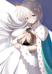 Rule 34 | 1girl, anastasia (fate), blue cloak, blue eyes, blush, breasts, brooch, cloak, doll, dress, fate/grand order, fate (series), gooak, hair over one eye, hairband, highres, holding, holding doll, jewelry, large breasts, long hair, looking at viewer, royal robe, silver hair, very long hair, viy (fate), white dress