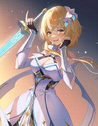 Rule 34 | 1girl, absurdres, bare shoulders, black gloves, blonde hair, breasts, cleavage, commentary request, cowboy shot, crying, crying with eyes open, dress, fingerless gloves, flower, genshin impact, gloves, gradient background, grey background, hair flower, hair ornament, highres, holding, holding sword, holding weapon, large breasts, lingdu han, long hair, looking at viewer, lumine (genshin impact), open mouth, solo, sword, tears, weapon, white dress, white flower, yellow eyes