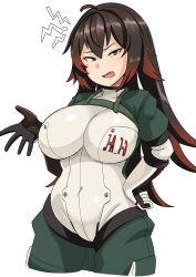 Rule 34 | a7m reppuu, absurdres, bodysuit, breasts, brown eyes, fang, hair between eyes, highres, konoshige (ryuun), large breasts, long hair, mecha musume, multicolored hair, open mouth, original, personification, simple background, two-tone hair, white background