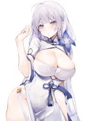 Rule 34 | 1girl, absurdres, azur lane, bad id, bad pixiv id, breasts, bursting breasts, china dress, chinese clothes, cleavage, dress, garter straps, highres, illustrious (azur lane), illustrious (maiden lily&#039;s radiance) (azur lane), kitere, large breasts, long hair, mole, mole under eye, official alternate costume, purple eyes, short sleeves, simple background, tri tails, very long hair, white background, white dress, white hair