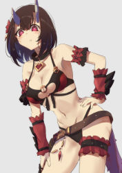 Rule 34 | 1girl, bare shoulders, bikini, black bikini, black choker, black hair, blush, breasts, bridal garter, broken horn, choker, claw ring, cleavage, cleavage cutout, clothing cutout, commentary request, demon girl, demon horns, eriko (princess connect!), eriko (summer) (princess connect!), grey background, hand on own hip, heart, heart choker, highres, horns, large breasts, momiji oroshi, multi-strapped bikini top, o-ring, o-ring bikini, o-ring top, official alternate costume, princess connect!, purple eyes, short hair, solo, spiked tail, swimsuit, tail, wrist cuffs
