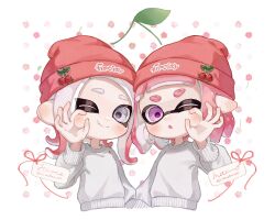 Rule 34 | 2girls, :o, beanie, closed mouth, commentary request, food-themed hat ornament, grey eyes, grey hair, hat, hat ornament, highres, inkling, inkling girl, inkling player character, medium hair, multicolored hair, multiple girls, myon rio, nintendo, octoling, octoling girl, octoling player character, one eye closed, pink eyes, pink hair, pointy ears, red hair, red headwear, smile, splatoon (series), sweater, tentacle hair, thick eyebrows, two-tone hair, upper body, white background, white sweater