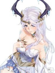 Rule 34 | 1girl, artist name, bare shoulders, blue eyes, blue eyeshadow, breasts, cleavage, commentary, commission, detached sleeves, dress, english commentary, eyeshadow, grey hair, hair behind ear, hand on own chest, highres, horns, indie virtual youtuber, large breasts, long hair, long pointy ears, loren, makeup, medium breasts, mole, mole under eye, pointy ears, scales, simple background, smile, solo, thigh strap, valentina chisei, virtual youtuber, watermark, white background, white dress