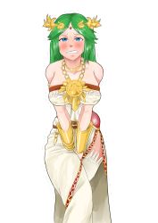 Rule 34 | 1girl, absurdres, bare shoulders, belt, between legs, biku, blue eyes, blush, breasts, circlet, clenched teeth, collarbone, dress, embarrassed, female focus, green hair, hand between legs, have to pee, highres, jewelry, kid icarus, large breasts, long hair, necklace, nintendo, palutena, pelvic curtain, simple background, skindentation, solo, standing, strapless, strapless dress, sweat, teeth, thighhighs, trembling, v arms, vambraces, white background, white dress, white thighhighs