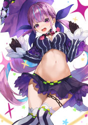 Rule 34 | 1girl, black capelet, black gloves, black hat, black skirt, blunt bangs, bow, capelet, commentary request, cosplay, crop top, gloves, hat, highres, hololive, konkito, long hair, long sleeves, midriff, minato aqua, murasaki shion, murasaki shion (1st costume), murasaki shion (cosplay), navel, open mouth, pink bow, pinstripe pattern, pinstripe shirt, purple eyes, purple hair, purple shirt, shirt, skirt, smile, solo, striped clothes, striped shirt, striped thighhighs, thigh strap, thighhighs, tilted headwear, vertical-striped clothes, vertical-striped shirt, vertical-striped thighhighs, virtual youtuber, witch hat