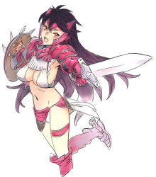 Rule 34 | 1girl, armor, bikini, black hair, breasts, female focus, full body, gauntlets, large breasts, long hair, navel, nishieda, open mouth, red eyes, shield, simple background, sketch, solo, spurs, swimsuit, sword, thigh strap, weapon, white background