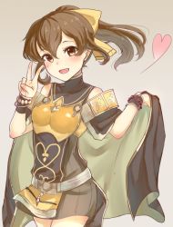 Rule 34 | 1girl, armor, bow, breastplate, brown eyes, brown hair, cape, delthea (fire emblem), dress, fang, fire emblem, fire emblem echoes: shadows of valentia, gradient background, grey background, hair bow, haru (nakajou-28), heart, long hair, nintendo, open mouth, ponytail, short dress, simple background, sleeveless, solo, v