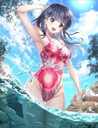 Rule 34 | 1girl, :d, arm up, armpits, bare legs, black hair, blue eyes, blue sky, breasts, cleavage, cloud, cloudy sky, commentary, cowboy shot, dutch angle, english text, facing viewer, floral print, gluteal fold, groin, hair between eyes, happy, highres, higurashi kagome, inuyasha, long hair, looking at viewer, medium breasts, motobi (mtb umk), one-piece swimsuit, open mouth, outdoors, partially underwater shot, pink one-piece swimsuit, rock, skin tight, sky, smile, solo, sparkle, sun, sunlight, swimsuit, thigh gap, thighs, tree, twitter username, underwater, wading, water, water drop, wet