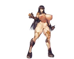 Rule 34 | 1girl, black hair, bodysuit, boots, breasts, broken, broken weapon, brown eyes, censored, feet, female focus, full body, functionally nude, game cg, groin, hair over shoulder, hand up, holding, huge breasts, legs, legs apart, long hair, looking at viewer, melon22, mosaic censoring, navel, nipples, original, pussy, serious, solo, standing, thick thighs, thighs, torn bodysuit, torn clothes, transparent background, weapon