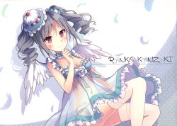 Rule 34 | 1girl, absurdres, angel wings, blue bra, blush, bra, breasts, camisole, character name, choker, cleavage, collarbone, feathered wings, feathers, frilled camisole, frilled hat, frills, grey hair, hair between eyes, hat, highres, idolmaster, idolmaster cinderella girls, kanzaki ranko, long hair, looking at viewer, medium breasts, mini hat, nyanya, panties, red eyes, see-through, smile, solo, thighhighs, twintails, underwear, underwear only, white hat, white panties, white thighhighs, white wings, wings