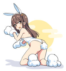 Rule 34 | 1girl, :d, all fours, animal ears, animal hands, bare shoulders, blush, breasts, brown eyes, brown hair, carrot hair ornament, chinese zodiac, commentary request, egasumi, fake animal ears, food-themed hair ornament, from behind, full body, full moon, gloves, hair ornament, hairband, hatsunatsu, leotard, long hair, looking at viewer, looking back, medium breasts, moon, open mouth, original, paw gloves, paw shoes, playboy bunny, rabbit ears, rabbit tail, shadow, simple background, smile, solo, strapless, strapless leotard, tail, white background, white footwear, white gloves, white hairband, white leotard, year of the rabbit