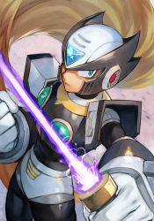 Rule 34 | 1boy, android, armor, beam saber, black armor, black zero (mega man), blue eyes, capcom, clenched hand, energy, energy weapon, forehead jewel, gem, glowing, grey hair, helmet, holding, holding sword, holding weapon, hungry clicker, long hair, looking at viewer, male focus, mega man (series), mega man x (series), serious, shoulder armor, solo, sword, symbol, very long hair, weapon, zero (mega man)