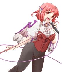 Rule 34 | 1girl, alternate costume, commentary request, highres, holding, looking at viewer, microphone, music, mystia lorelei, open mouth, pink hair, puffy short sleeves, puffy sleeves, red eyes, short hair, short sleeves, simple background, singing, solo, thighs, touhou, white background, wings, zefutefu