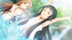 Rule 34 | 2girls, armpits, arms up, artist request, asuna (sao), black hair, blunt bangs, breasts, brown eyes, brown hair, cleavage, closed eyes, closed mouth, day, game cg, highres, long hair, medium breasts, multiple girls, naked towel, navel, outdoors, smile, sword art online, sword art online: hollow fragment, towel, wallpaper, water, waterfall, white towel, yui (sao)