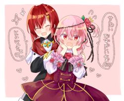Rule 34 | 2girls, ange katrina, ange katrina (1st costume), blush, closed eyes, commentary request, crossed bangs, dress, drooling, flower, hair flower, hair ornament, jacket, looking at viewer, mouth drool, multiple girls, nijisanji, nijisanji en, open mouth, outside border, pink background, pink hair, red eyes, red hair, rosemi lovelock, simple background, spoken blush, translation request, virtual youtuber, yukikonbu17