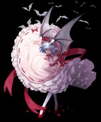 Rule 34 | 1girl, animal, ascot, bad id, bad pixiv id, bat (animal), bat wings, black background, blue hair, full body, hat, hat ribbon, high heels, highres, marimo tarou, mob cap, pantyhose, petticoat, pink hat, pink skirt, puffy short sleeves, puffy sleeves, red ascot, red eyes, red footwear, red ribbon, remilia scarlet, ribbon, ribbon-trimmed skirt, ribbon trim, sash, shoes, short sleeves, simple background, skirt, smile, solo, standing, touhou, transparent wings, white pantyhose, wings, wrist cuffs