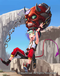 Rule 34 | 1boy, aqua hair, boots, bracelet, cardfight!! vanguard, chain, child, company name, day, deity sealing kid soh koh, demon boy, demon tail, fangs, glowing, glowing eyes, green eyes, hat, horns, jewelry, male focus, monster, nail polish, official art, open mouth, patricia (stylish marunage), rock, sitting, sky, solo, tail, teeth, yellow eyes